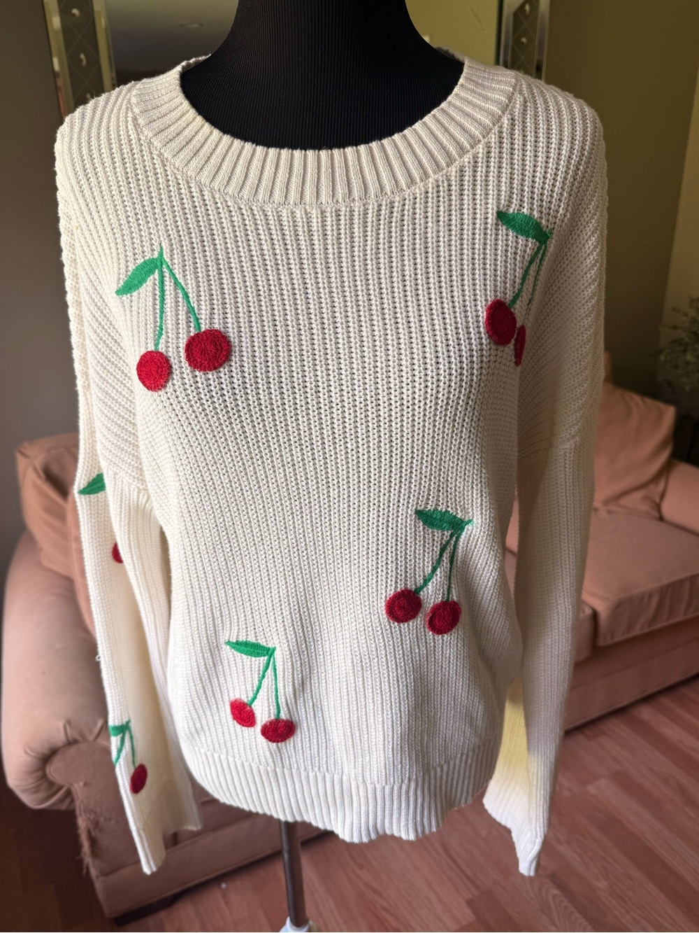 Cynthia Rowley Cream Cherry Embroidered Knit Sweater Medium NWOT